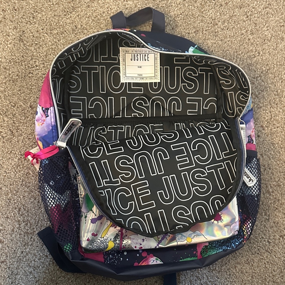NWT Justice Multicolor Splatter Backpack - Picture 2 of 5